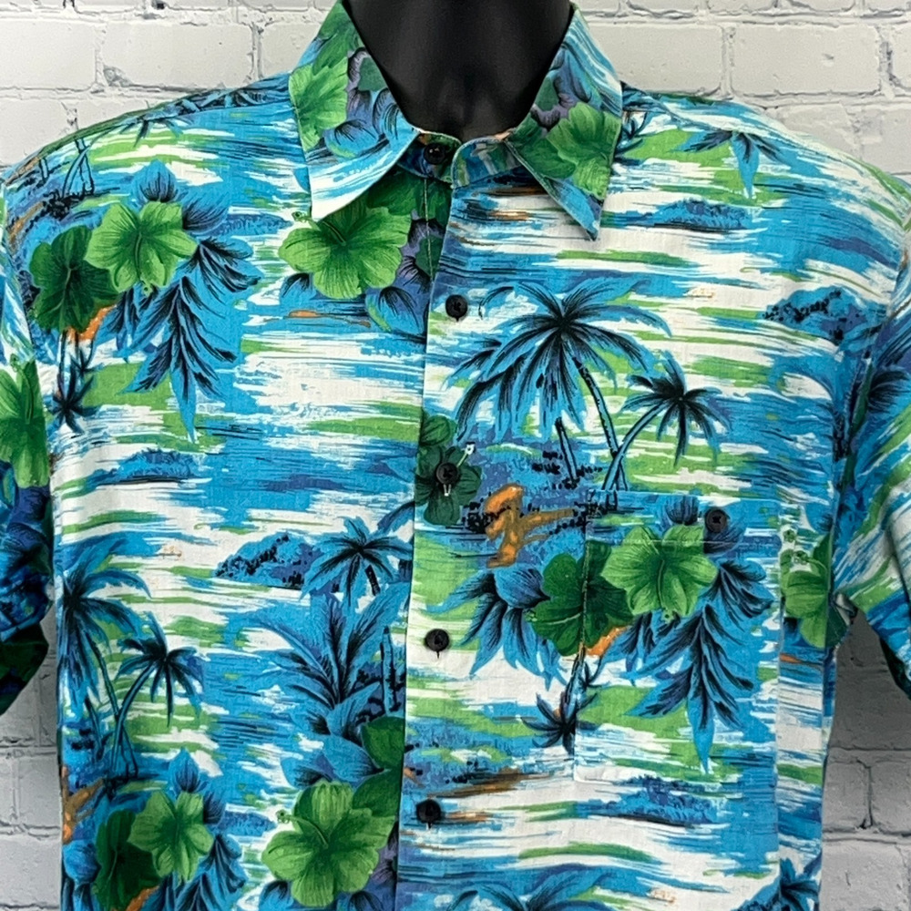 Vintage 90s Bruno Hawaiian Button Front Shirt Blue Beach Short Sleeve M Medium